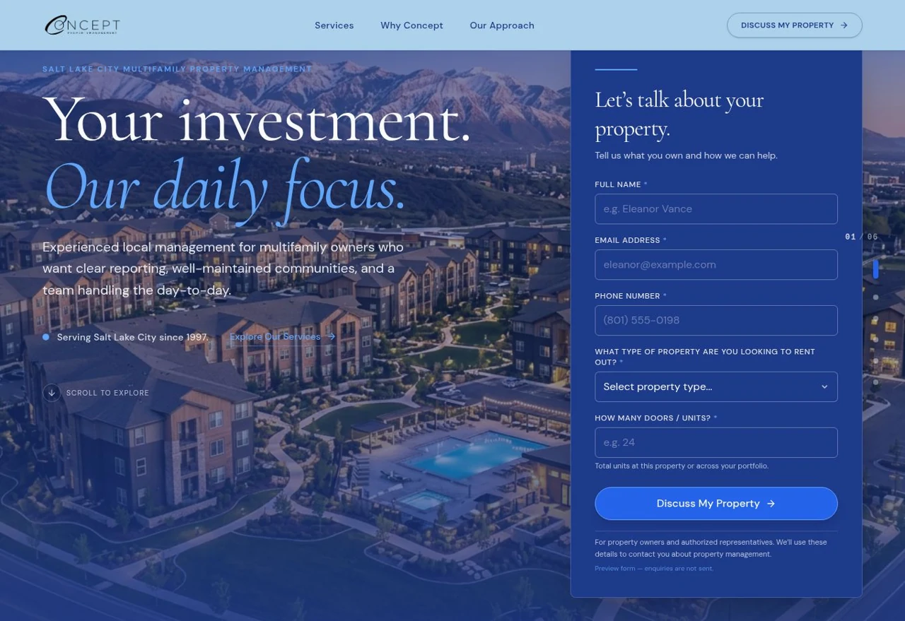 Desktop preview of the Concept Property Management website built by Kriv